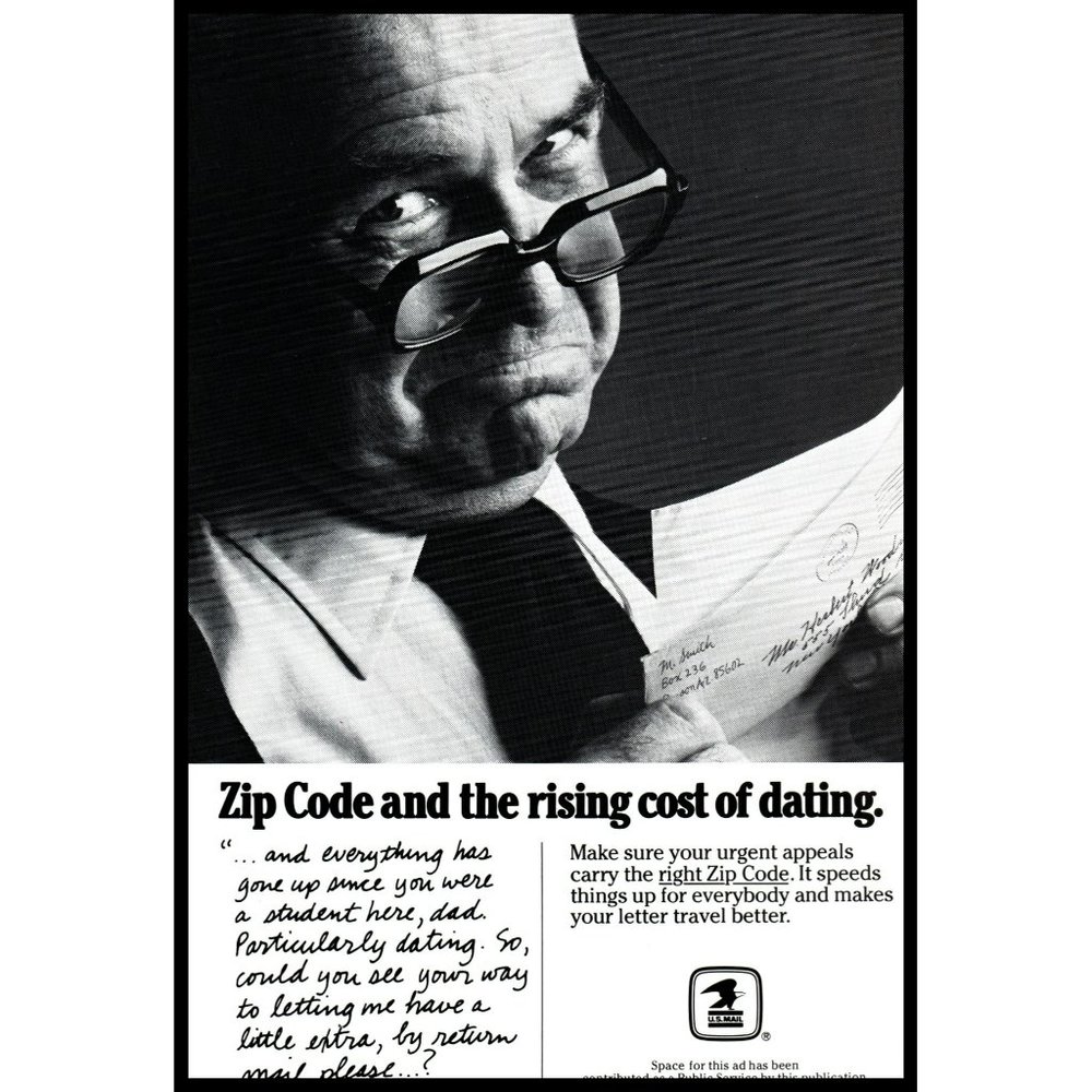 1979 USPS US Post Office Zip Code Vintage Print Ad Rising Cost Dating Wall Art